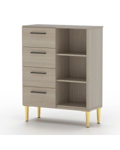 Mahmayi Modern Chest of Drawer with 4 Storage Drawers and 3 Open Shelves Beige Grey Lorenzo Oak Ideal for Office, Home, Bedroom, Living Room