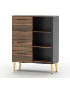 Mahmayi Modern Chest of Drawer with 4 Storage Drawers and 3 Open Shelves Dark Hunton Oak and Black Ideal for Office, Home, Bedroom, Living Room