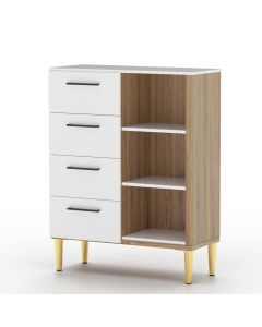 Mahmayi Modern Chest of Drawer with 4 Storage Drawers and 3 Open Shelves Premium White and Brown Kansas Oak Ideal for Office, Home, Bedroom, Living Room