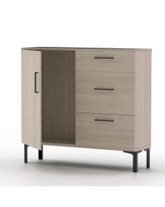 Mahmayi Modern Chest of Drawer with 3 Drawers and Single Door Storage Beige Grey Lorenzo Oak Ideal for Office, Home, Bedroom, Living Room
