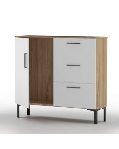 Mahmayi Modern Chest of Drawer with 3 Drawers and Single Door Storage Brown Kansas Oak and White Ideal for Office, Home, Bedroom, Living Room