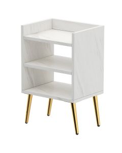 Mahmayi Modern Night Stand, Side End Table with 3 Open Storage Shelf White Levento Marble Ideal for Bedroom and Living Room