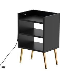 Mahmayi Modern Night Stand, Side End Table with Attached BS02 USB Charger Port and 3 Open Storage Shelf Black Ideal for Bedroom and Living Room