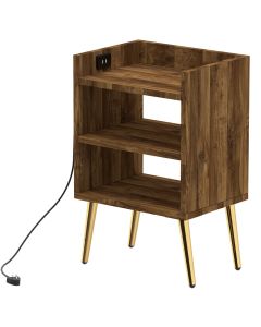 Mahmayi Modern Night Stand, Side End Table with Attached BS02 USB Charger Port and 3 Open Storage Shelf Dark Hunton Oak Ideal for Bedroom and Living Room