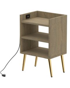 Mahmayi Modern Night Stand, Side End Table with Attached BS02 USB Charger Port and 3 Open Storage Shelf Grey Bardilano Oak Ideal for Bedroom and Living Room
