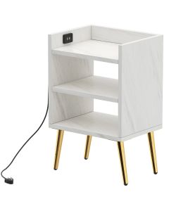 Mahmayi Modern Night Stand, Side End Table with Attached BS02 USB Charger Port and 3 Open Storage Shelf White Levento Marble Ideal for Bedroom and Living Room
