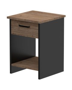 Mahmayi Modern Night Stand, Side End Table with Single Drawer and Open Storage Shelf Truffle Davos Oak and Black Ideal for Bedroom and Living Room
