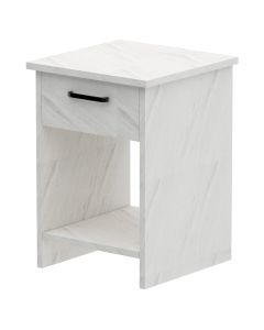 Mahmayi Modern Night Stand, Side End Table with Single Drawer and Open Storage Shelf White Levento Marble Ideal for Bedroom and Living Room