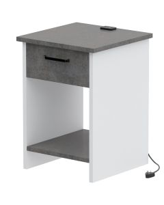 Mahmayi Modern Night Stand, Side End Table with Attached BS02 USB Charger Port, Single Drawer and Open Storage Shelf Metal Fabric Anthracite and White Ideal for Bedroom and Living Room
