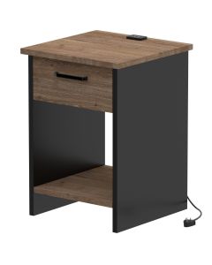 Mahmayi Modern Night Stand, Side End Table with Attached BS02 USB Charger Port, Single Drawer and Open Storage Shelf Truffle Davos Oak and Black Ideal for Bedroom and Living Room