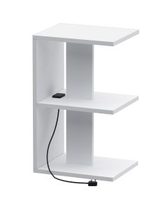 Mahmayi Modern E Shape Night Stand, Side End Table with Attached BS02 USB Charger Port and 3 Open Storage Shelf White Ideal for Bedroom and Living Room