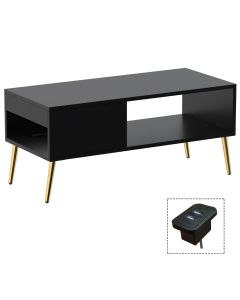 Mahmayi Modern Coffee Table with BS02 USB Port, Side Compartment and Storage Shelf Black Ideal for Living Room, Study Room and Office