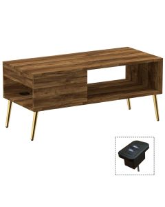 Mahmayi Modern Coffee Table with BS02 USB Port, Side Compartment and Storage Shelf Dark Hunton Oak Ideal for Living Room, Study Room and Office