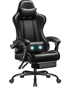 Mahmayi Gaming Office Chair PC Chair with Massage Lumbar Support, Racing Style Faux Leather High Back Adjustable Swivel Task Chair with Footrest - Black