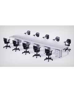 Mahmayi 10 Seater Loop Shared Structure in White color with Polycarbonate Divider, with Drawer & With 10 Mesh Chairs - W140cm x D75cm Each Worktop Size