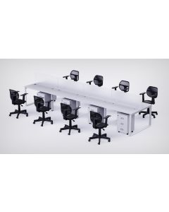 Mahmayi 8 Seater Loop Shared Structure in White color with Polycarbonate Divider, with Drawer & With 8 Mesh Chairs - W100cm X D60cm Each Worktop Size
