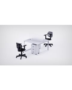 Mahmayi 2 Seater Loop Shared Structure in White color with Polycarbonate Divider, with Drawer & With 2 Mesh Chairs - W160cm x D60cm Each Worktop Size