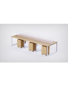 Mahmayi 6 Seater Loop Shared Structure in Oak color with Polycarbonate Divider, with Drawer & without Mesh Chair  - W160cm x D75cm Each Worktop Size