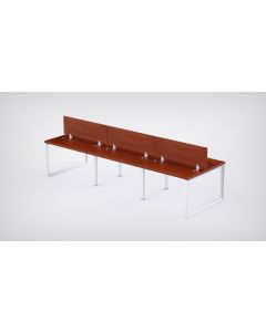 Mahmayi 6 Seater Loop Shared Structure in Apple Cherry color with Polycarbonate Divider, with Drawer & With 6 Mesh Chairs - W140cm x D75cm Each Worktop Size