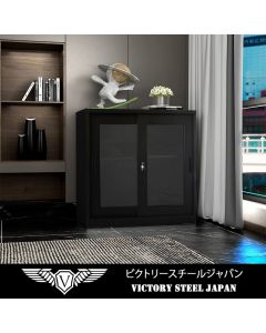 Victory Steel Japan OEM Low Height Glass Sliding Door Steel Bookshelf Black
