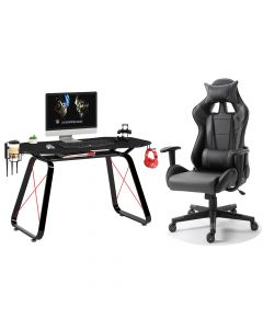 Racer C599 Gaming Chair Grey With PU Leatherette & Seat adjustable height with Ultimate GT-010 Carbon Fiber PVC & MDF Gaming Table, Table Chair Set - Combo