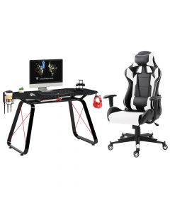 Racer C599 Gaming Chair White With PU Leatherette & Seat adjustable height with Ultimate GT-010 Carbon Fiber PVC & MDF Gaming Table, Table Chair Set - Combo